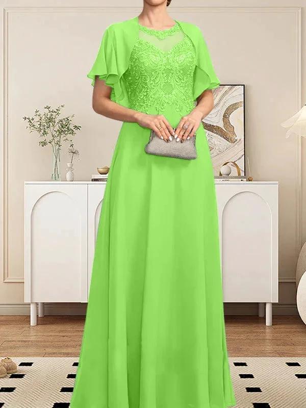 A-line Scoop Illusion Floor-Length Lace Chiffon Mother of the Bride Dress With Sequins - Image 46