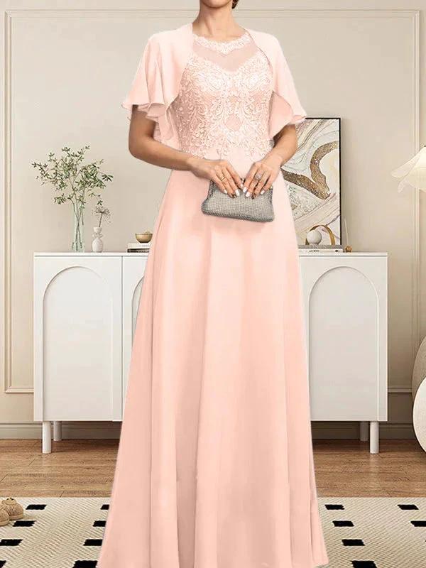 A-line Scoop Illusion Floor-Length Lace Chiffon Mother of the Bride Dress With Sequins - Image 47