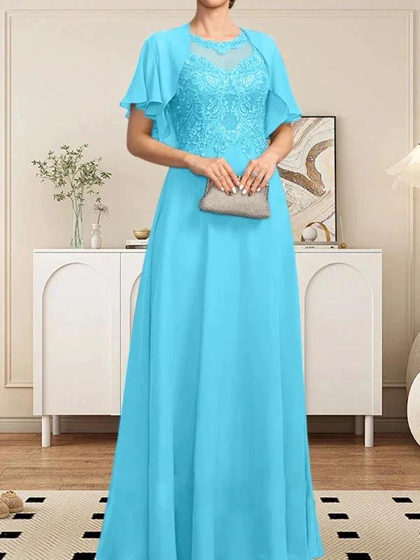 A-line Scoop Illusion Floor-Length Lace Chiffon Mother of the Bride Dress With Sequins - Image 48