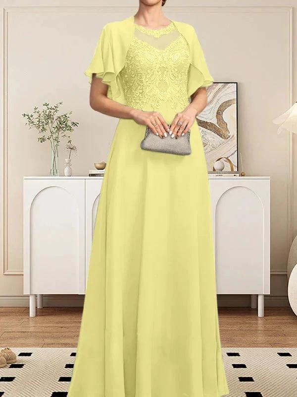 A-line Scoop Illusion Floor-Length Lace Chiffon Mother of the Bride Dress With Sequins - Image 49