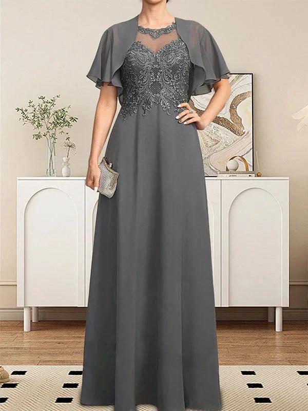 A-line Scoop Illusion Floor-Length Lace Chiffon Mother of the Bride Dress With Sequins - Image 5