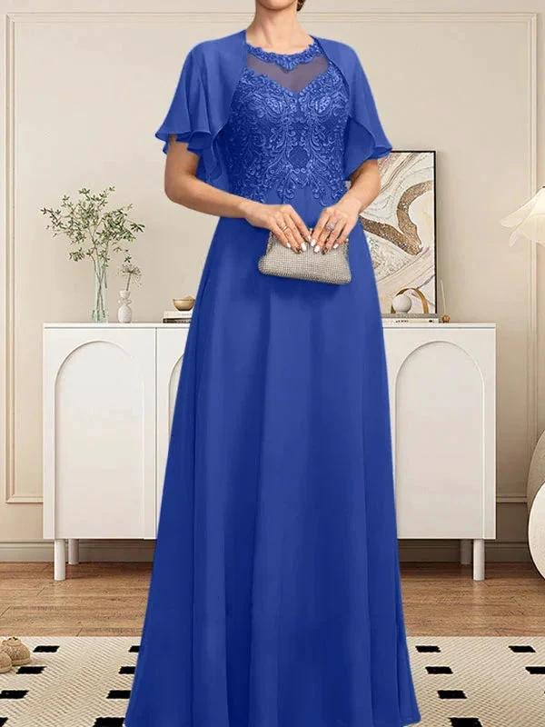 A-line Scoop Illusion Floor-Length Lace Chiffon Mother of the Bride Dress With Sequins - Image 50