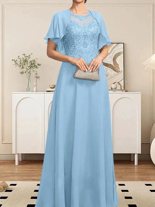 A-line Scoop Illusion Floor-Length Lace Chiffon Mother of the Bride Dress With Sequins - Image 51