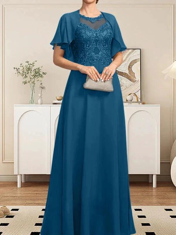 A-line Scoop Illusion Floor-Length Lace Chiffon Mother of the Bride Dress With Sequins - Image 52