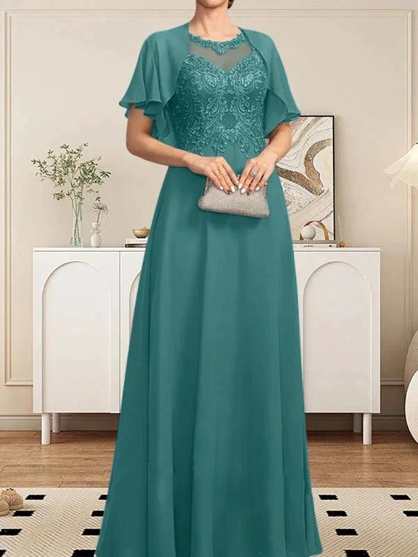 A-line Scoop Illusion Floor-Length Lace Chiffon Mother of the Bride Dress With Sequins - Image 53
