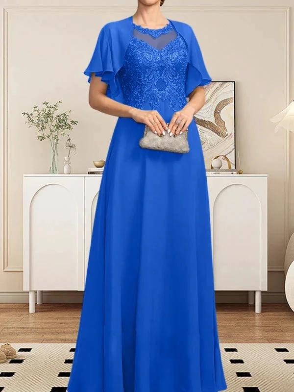 A-line Scoop Illusion Floor-Length Lace Chiffon Mother of the Bride Dress With Sequins - Image 54