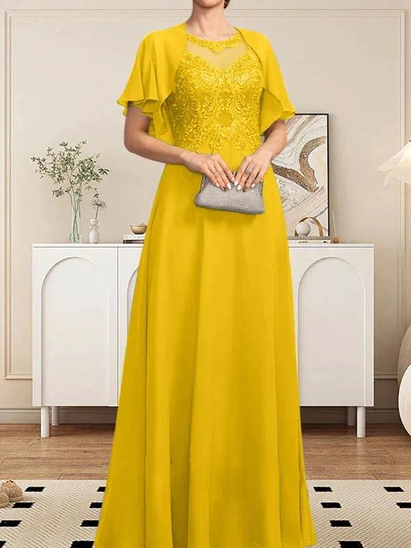 A-line Scoop Illusion Floor-Length Lace Chiffon Mother of the Bride Dress With Sequins - Image 55