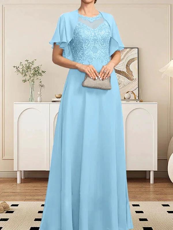 A-line Scoop Illusion Floor-Length Lace Chiffon Mother of the Bride Dress With Sequins - Image 56