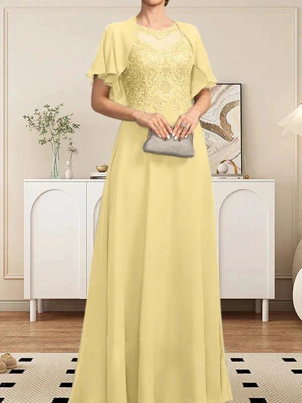 A-line Scoop Illusion Floor-Length Lace Chiffon Mother of the Bride Dress With Sequins - Image 57