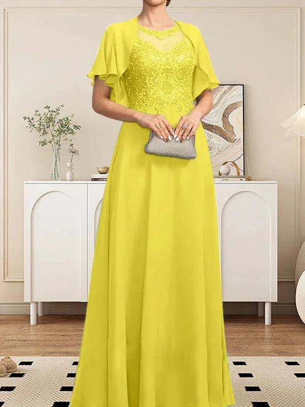 A-line Scoop Illusion Floor-Length Lace Chiffon Mother of the Bride Dress With Sequins - Image 58
