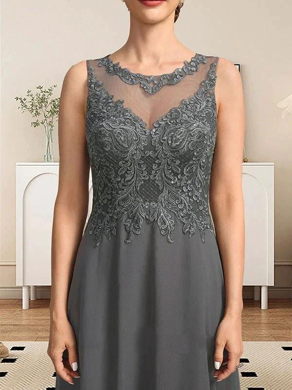 A-line Scoop Illusion Floor-Length Lace Chiffon Mother of the Bride Dress With Sequins - Image 6