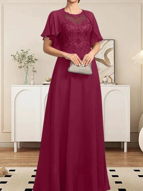 A-line Scoop Illusion Floor-Length Lace Chiffon Mother of the Bride Dress With Sequins - Image 60
