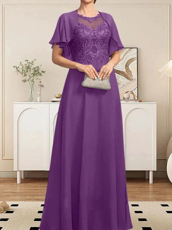 A-line Scoop Illusion Floor-Length Lace Chiffon Mother of the Bride Dress With Sequins - Image 61