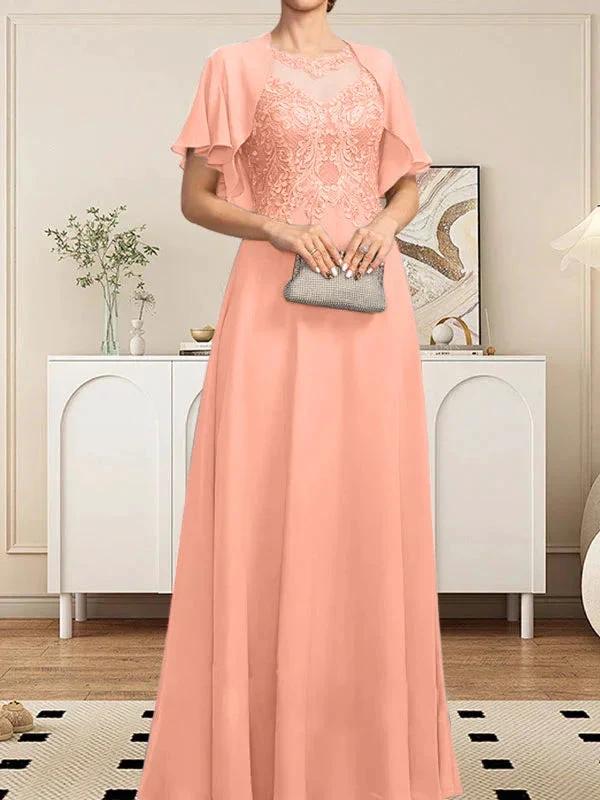 A-line Scoop Illusion Floor-Length Lace Chiffon Mother of the Bride Dress With Sequins - Image 62