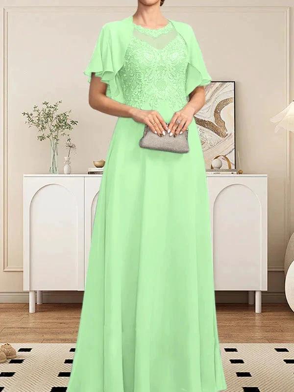 A-line Scoop Illusion Floor-Length Lace Chiffon Mother of the Bride Dress With Sequins - Image 63