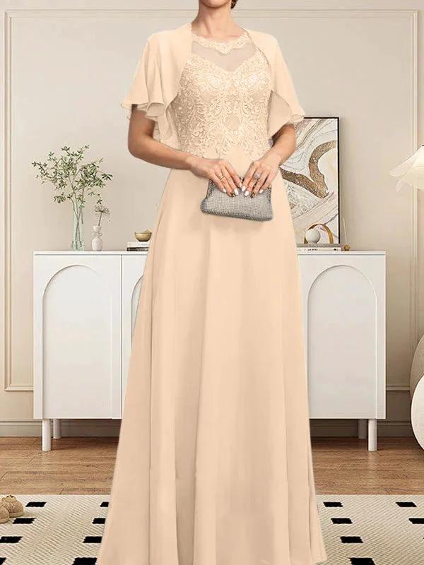 A-line Scoop Illusion Floor-Length Lace Chiffon Mother of the Bride Dress With Sequins - Image 64