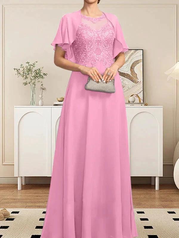 A-line Scoop Illusion Floor-Length Lace Chiffon Mother of the Bride Dress With Sequins - Image 65