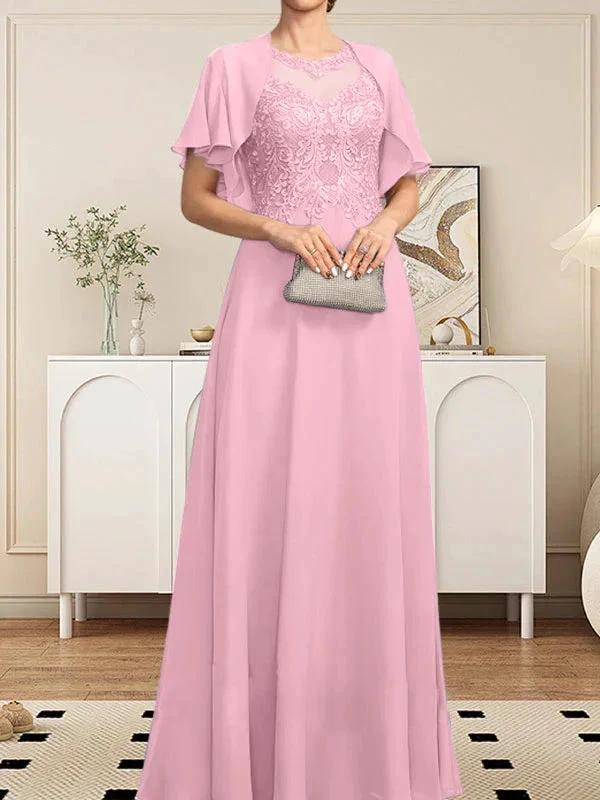 A-line Scoop Illusion Floor-Length Lace Chiffon Mother of the Bride Dress With Sequins - Image 66