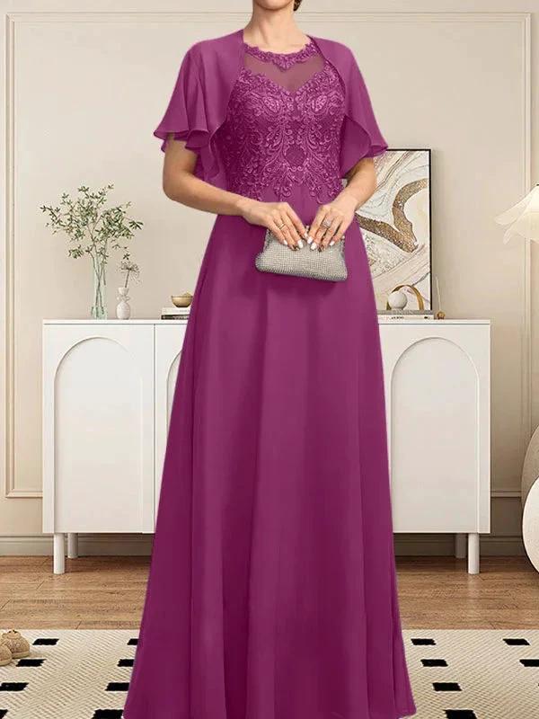 A-line Scoop Illusion Floor-Length Lace Chiffon Mother of the Bride Dress With Sequins - Image 68