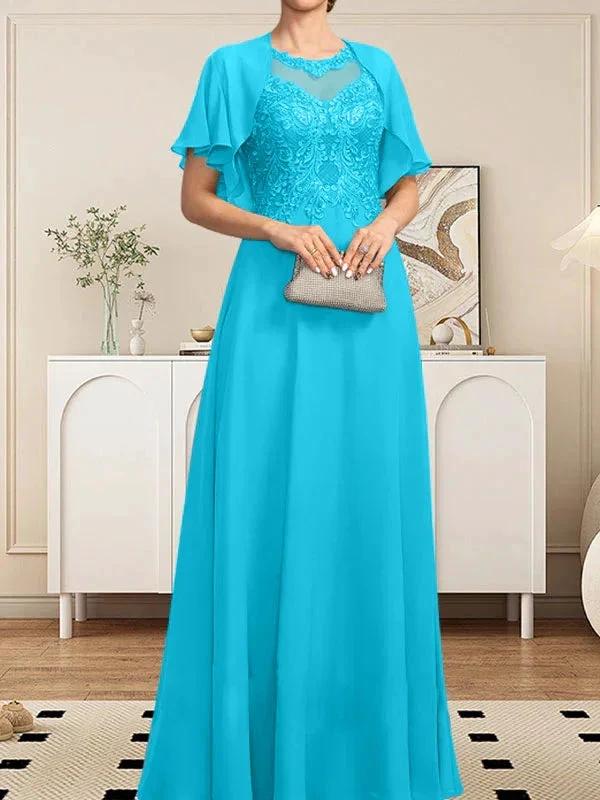 A-line Scoop Illusion Floor-Length Lace Chiffon Mother of the Bride Dress With Sequins - Image 69
