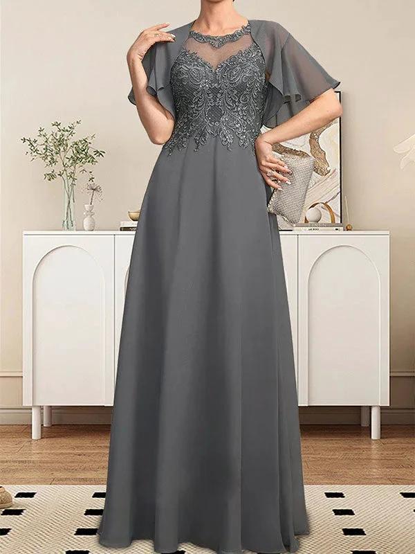 A-line Scoop Illusion Floor-Length Lace Chiffon Mother of the Bride Dress With Sequins - Image 7