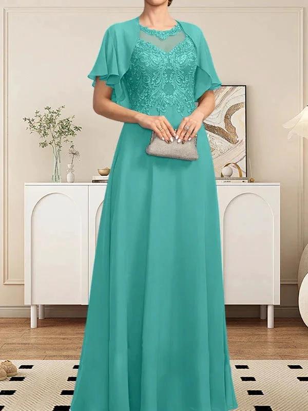 A-line Scoop Illusion Floor-Length Lace Chiffon Mother of the Bride Dress With Sequins - Image 70