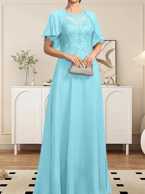 A-line Scoop Illusion Floor-Length Lace Chiffon Mother of the Bride Dress With Sequins - Image 71