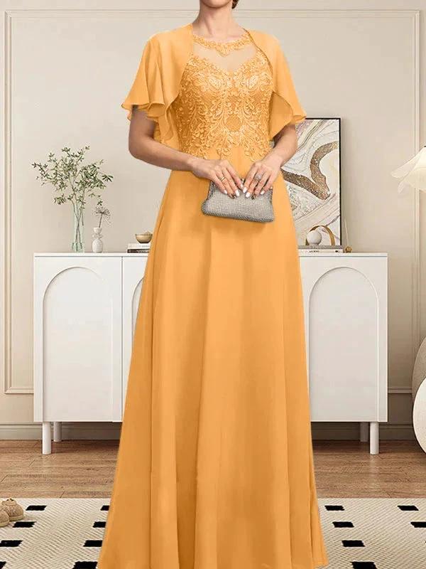 A-line Scoop Illusion Floor-Length Lace Chiffon Mother of the Bride Dress With Sequins - Image 74
