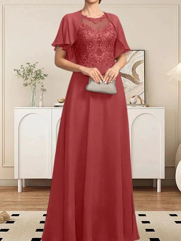 A-line Scoop Illusion Floor-Length Lace Chiffon Mother of the Bride Dress With Sequins - Image 75