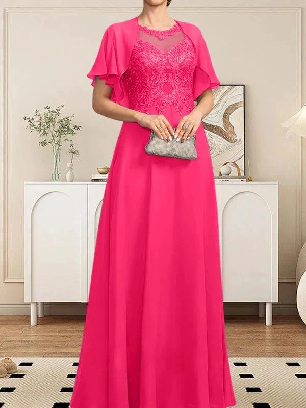 A-line Scoop Illusion Floor-Length Lace Chiffon Mother of the Bride Dress With Sequins - Image 76