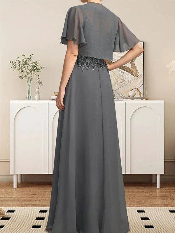 A-line Scoop Illusion Floor-Length Lace Chiffon Mother of the Bride Dress With Sequins - Image 8