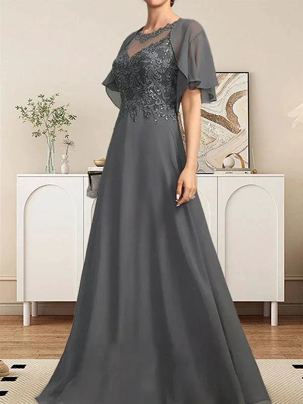A-line Scoop Illusion Floor-Length Lace Chiffon Mother of the Bride Dress With Sequins - Image 9