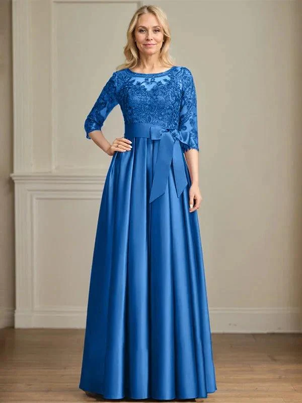 A-line Scoop Illusion Floor-Length Satin Lace Mother of the Bride Dress With Sequins Bow - Image 10