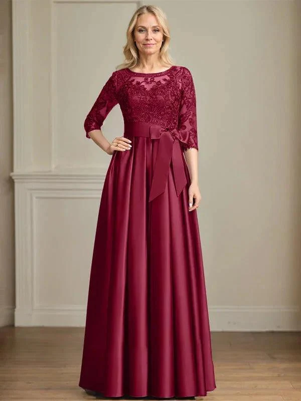 A-line Scoop Illusion Floor-Length Satin Lace Mother of the Bride Dress With Sequins Bow - Image 11