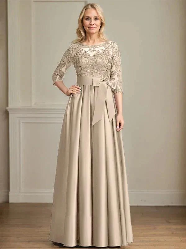 A-line Scoop Illusion Floor-Length Satin Lace Mother of the Bride Dress With Sequins Bow - Image 12