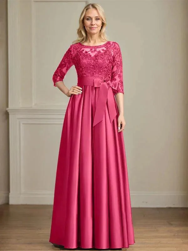 A-line Scoop Illusion Floor-Length Satin Lace Mother of the Bride Dress With Sequins Bow - Image 13