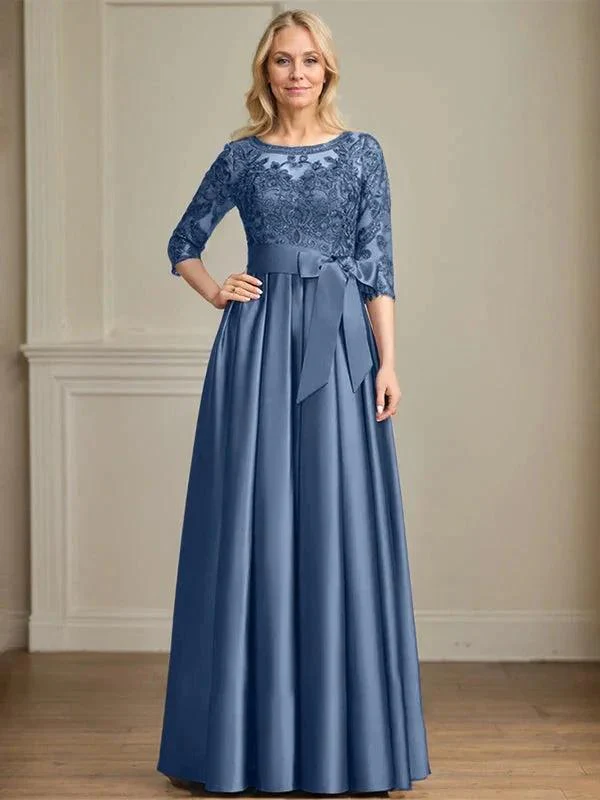 A-line Scoop Illusion Floor-Length Satin Lace Mother of the Bride Dress With Sequins Bow - Image 14