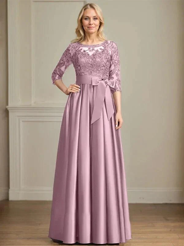A-line Scoop Illusion Floor-Length Satin Lace Mother of the Bride Dress With Sequins Bow - Image 15