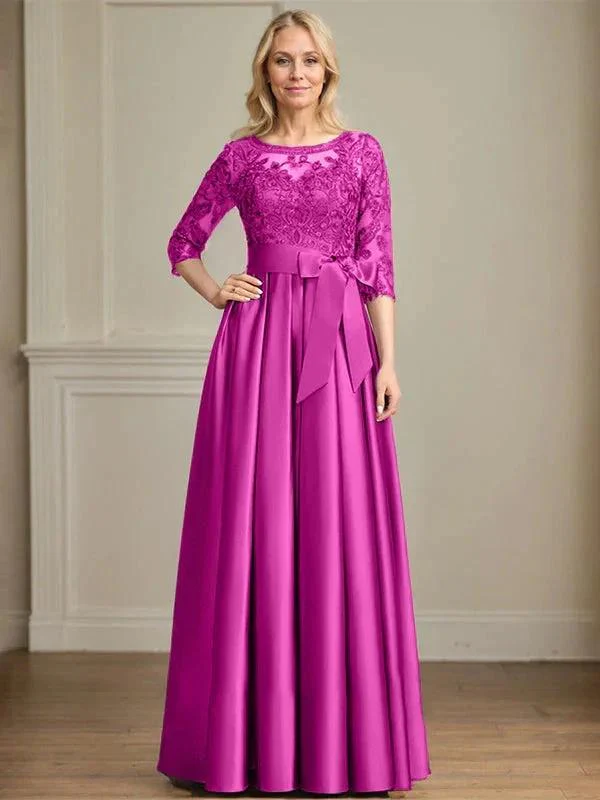 A-line Scoop Illusion Floor-Length Satin Lace Mother of the Bride Dress With Sequins Bow - Image 16