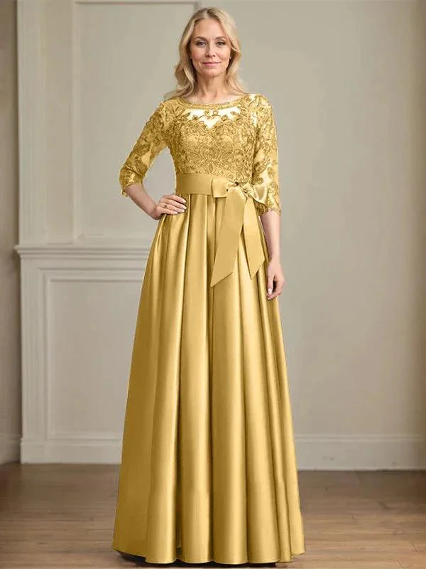 A-line Scoop Illusion Floor-Length Satin Lace Mother of the Bride Dress With Sequins Bow - Image 17
