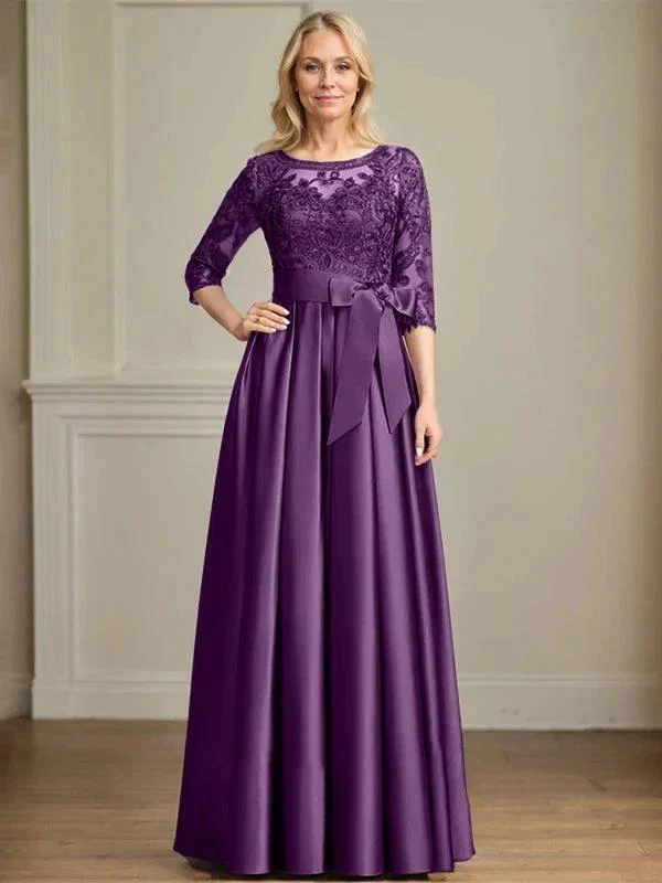 A-line Scoop Illusion Floor-Length Satin Lace Mother of the Bride Dress With Sequins Bow - Image 18