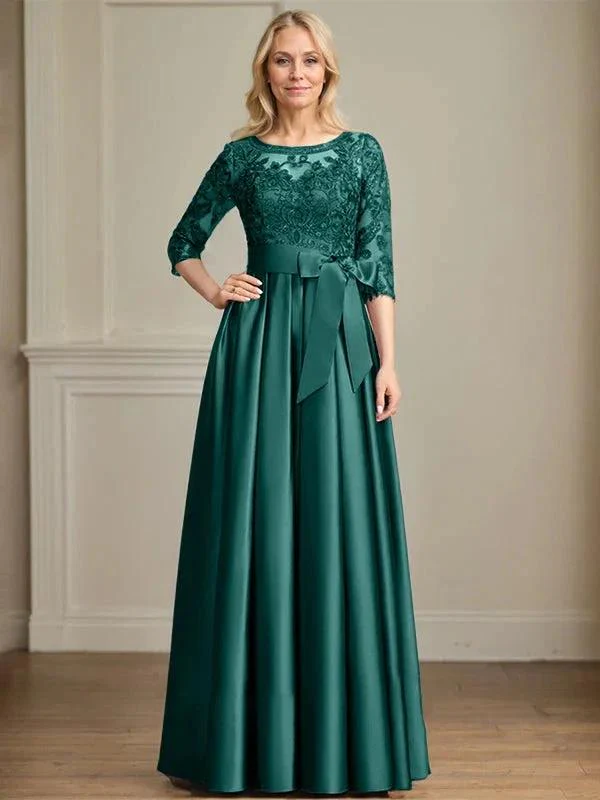 A-line Scoop Illusion Floor-Length Satin Lace Mother of the Bride Dress With Sequins Bow - Image 19