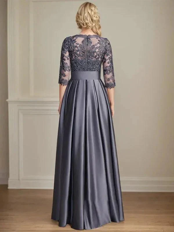 A-line Scoop Illusion Floor-Length Satin Lace Mother of the Bride Dress With Sequins Bow - Image 2