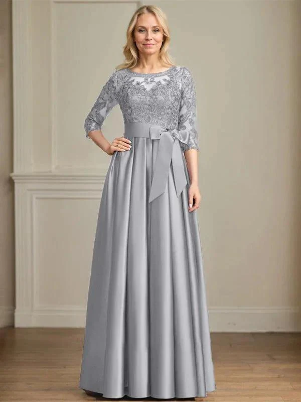A-line Scoop Illusion Floor-Length Satin Lace Mother of the Bride Dress With Sequins Bow - Image 20