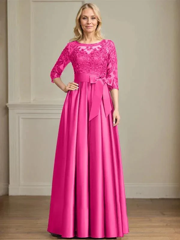 A-line Scoop Illusion Floor-Length Satin Lace Mother of the Bride Dress With Sequins Bow - Image 21