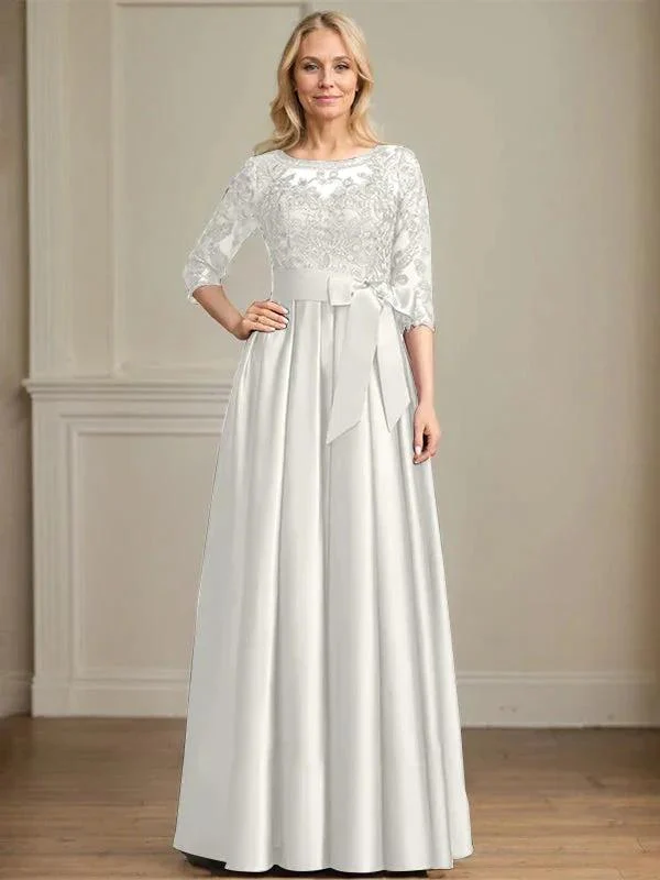 A-line Scoop Illusion Floor-Length Satin Lace Mother of the Bride Dress With Sequins Bow - Image 22