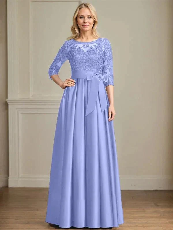 A-line Scoop Illusion Floor-Length Satin Lace Mother of the Bride Dress With Sequins Bow - Image 23