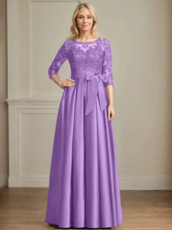 A-line Scoop Illusion Floor-Length Satin Lace Mother of the Bride Dress With Sequins Bow - Image 24