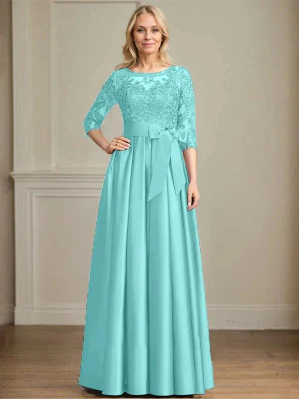 A-line Scoop Illusion Floor-Length Satin Lace Mother of the Bride Dress With Sequins Bow - Image 25