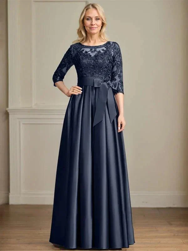 A-line Scoop Illusion Floor-Length Satin Lace Mother of the Bride Dress With Sequins Bow - Image 26